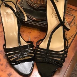 Talbots black patten leather sandal heels.